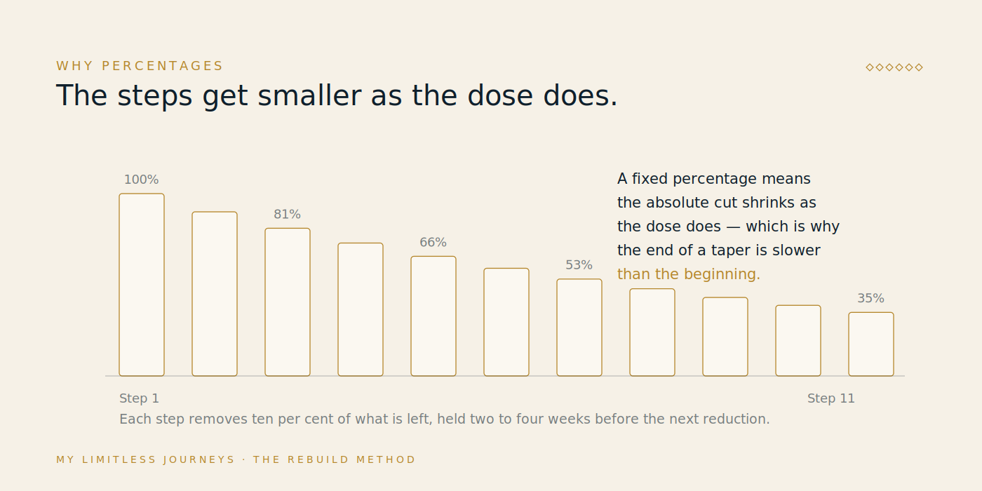 Bar chart of an eleven-step benzodiazepine taper reducing by ten per cent of the remaining dose at each step, from 100 per cent down to 35 per cent, showing the absolute size of each cut shrinking as the dose falls