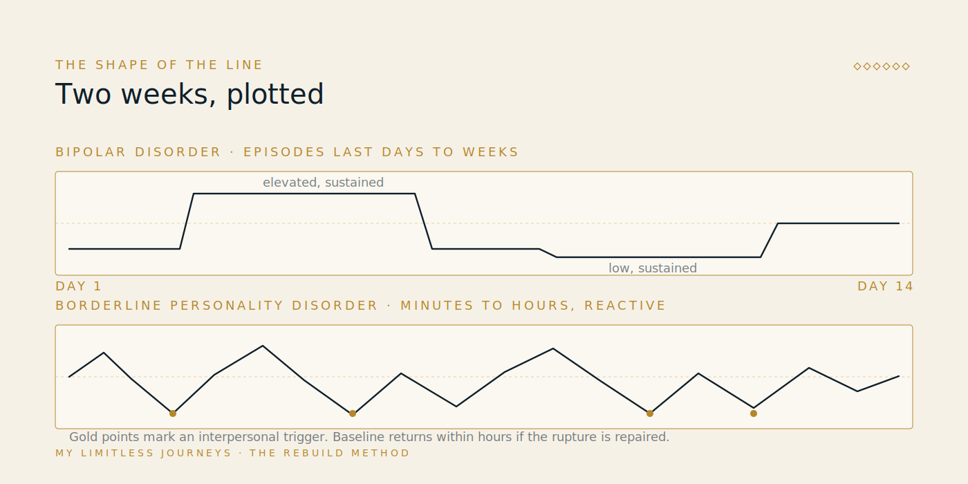 Time-course comparison of mood over a two-week period, showing bipolar disorder as sustained multi-day episode blocks that persist regardless of daily events, against borderline personality disorder as rapid same-day swings that rise and fall around interpersonal triggers and return toward baseline within hours