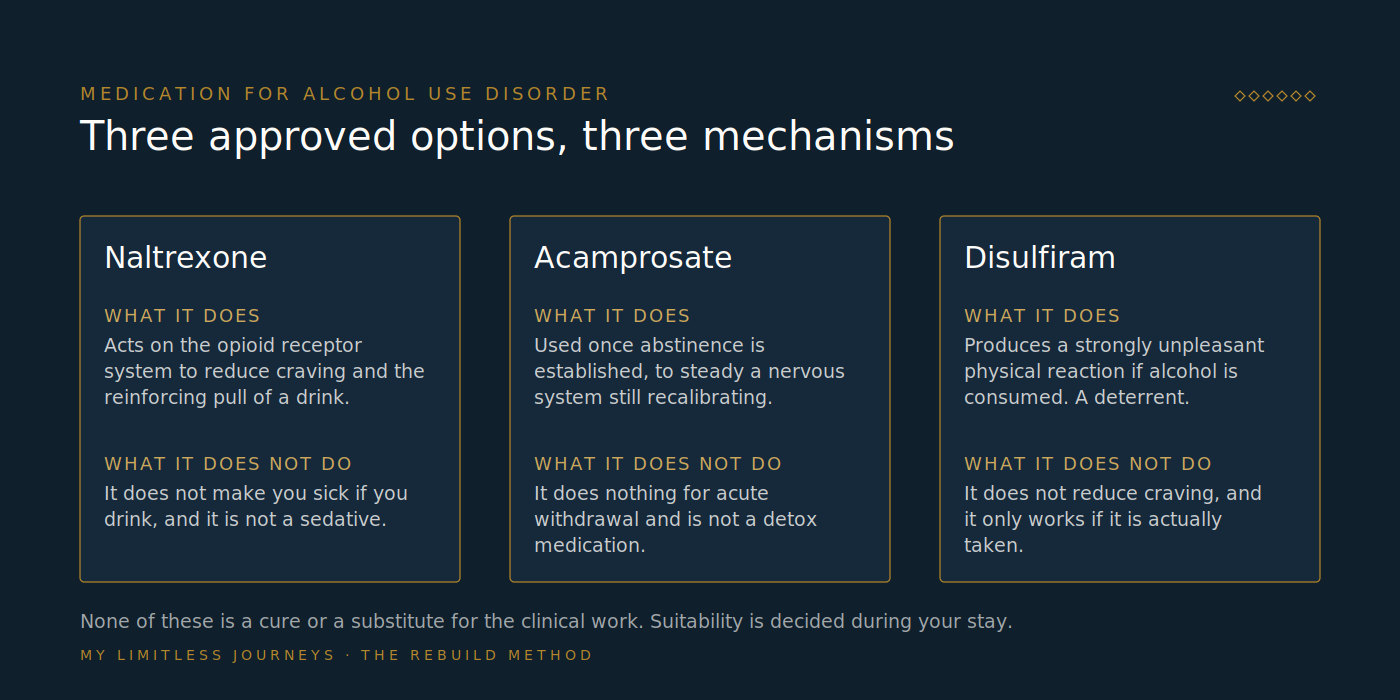 Comparison card of the three medications approved in the United States for alcohol use disorder, naltrexone, acamprosate and disulfiram, showing for each what it is intended to do, how it is generally taken, and what it does not do, with a note that suitability is an individual psychiatric decision made during treatment