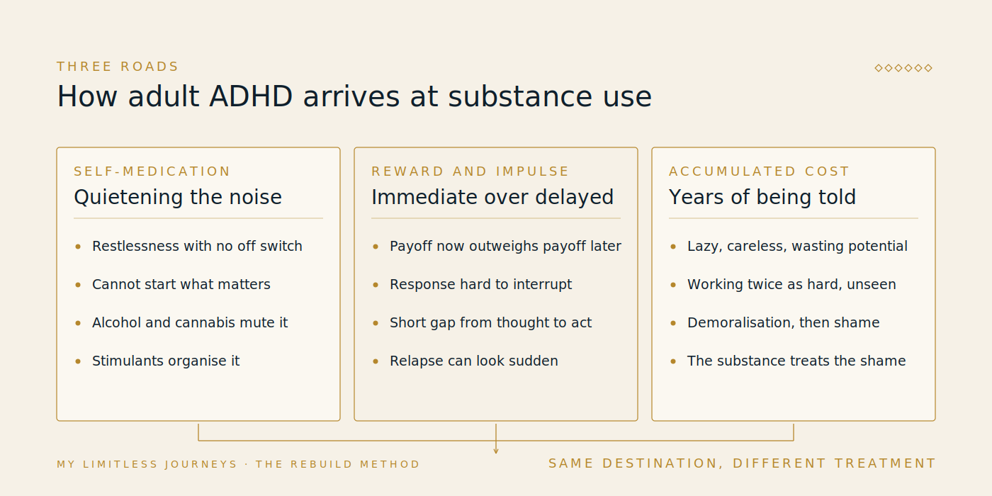 Diagram of the three pathways linking adult ADHD to substance use: self-medication of restlessness and mental noise, a reward system biased toward immediate payoff and novelty, and the accumulated consequences of chronic underperformance, each shown with what it typically looks like in a person's history