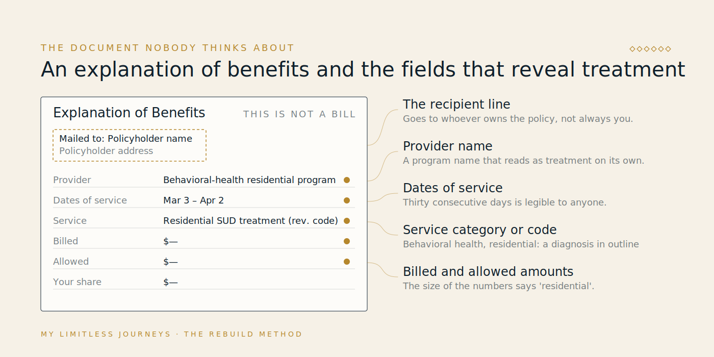 Annotated schematic of an explanation of benefits statement, with callouts on the fields that identify treatment: provider name, dates of service, service category or codes, billed and allowed amounts, and the recipient address line showing it goes to the policyholder