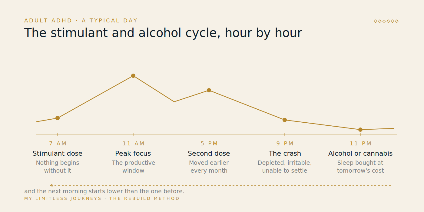 Twenty-four hour cycle diagram tracing a typical stimulant and alcohol day in adult ADHD: a stimulant dose in the morning, sharpened focus through midday, a late-afternoon crash, alcohol or cannabis in the evening to come down, fragmented sleep overnight, and a harder start the next morning that requires a larger dose