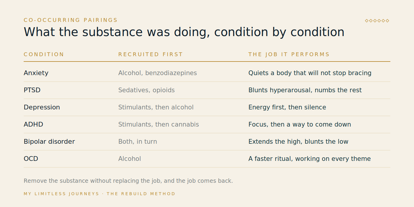 Matrix graphic pairing six psychiatric conditions with the substances most often recruited to manage them, showing for each the short-term job the substance performs and the long-term cost: anxiety with alcohol and sedatives, depression with stimulants then alcohol, PTSD with sedation, ADHD with stimulants, bipolar disorder with both directions, and OCD with alcohol