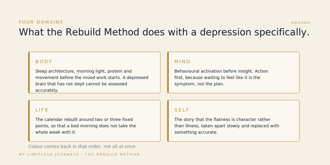 The four domains of the Rebuild Method applied to depression: body as sleep architecture, morning light, protein and movement, mind as behavioural activation before insight, life as a calendar rebuilt around fixed points, and self as the story that flatness is character rather than illness