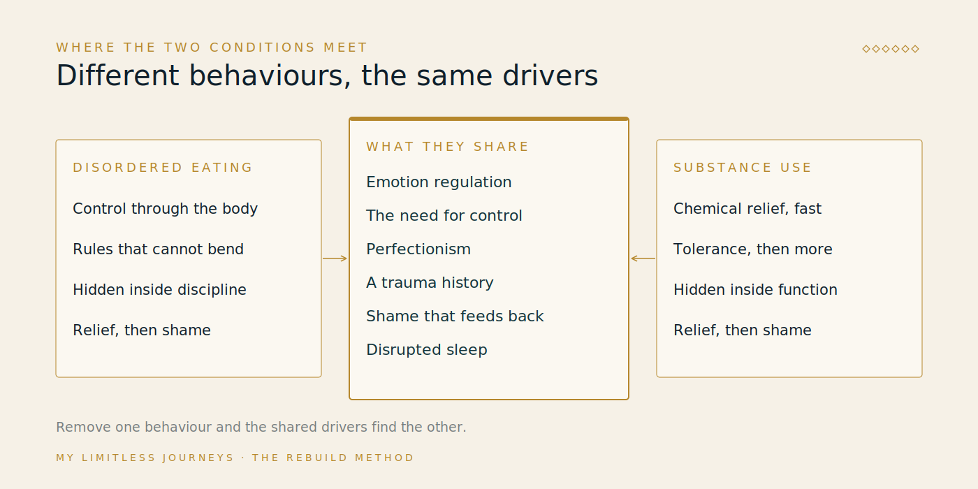 Two overlapping fields diagram showing disordered eating on one side and substance use on the other, with the drivers they share written in the overlap: emotion regulation, the need for control, perfectionism, shame, trauma history and sleep disruption, and a note that treating one field alone leaves the shared drivers untouched