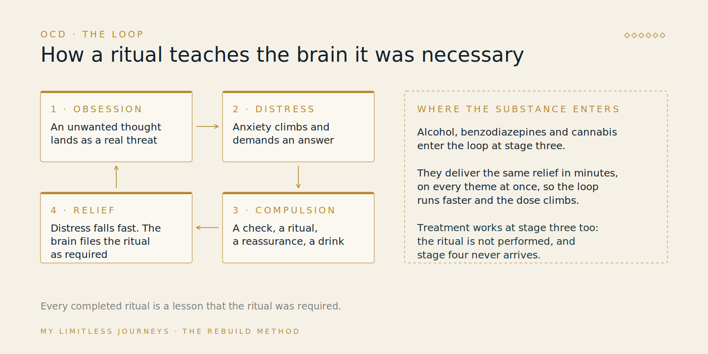 Circular diagram of the obsessive-compulsive loop showing an intrusive thought, the spike of distress it causes, the compulsion performed to relieve it, and the short-lived relief that teaches the brain the compulsion was necessary, with a note showing where alcohol and sedatives insert themselves as a chemical compulsion