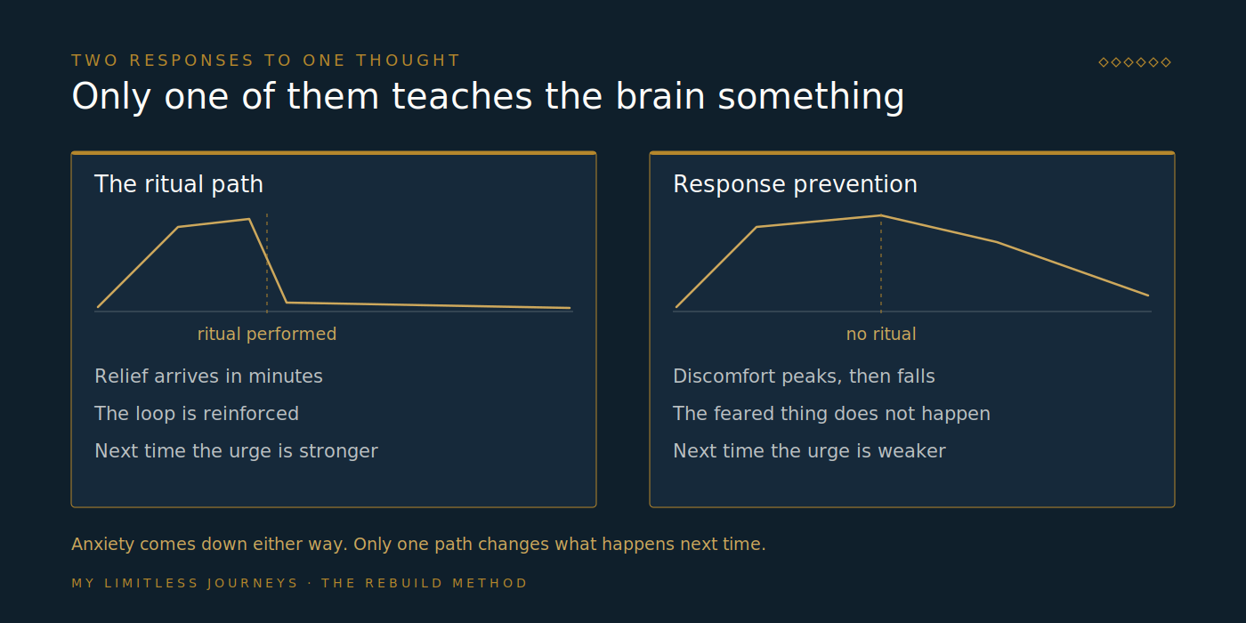 Side-by-side comparison of two responses to the same intrusive thought: the ritual path in which the compulsion is performed, anxiety drops within minutes and the loop is reinforced, versus the response prevention path in which the ritual is not performed, anxiety rises then falls on its own and the brain learns the ritual was never required