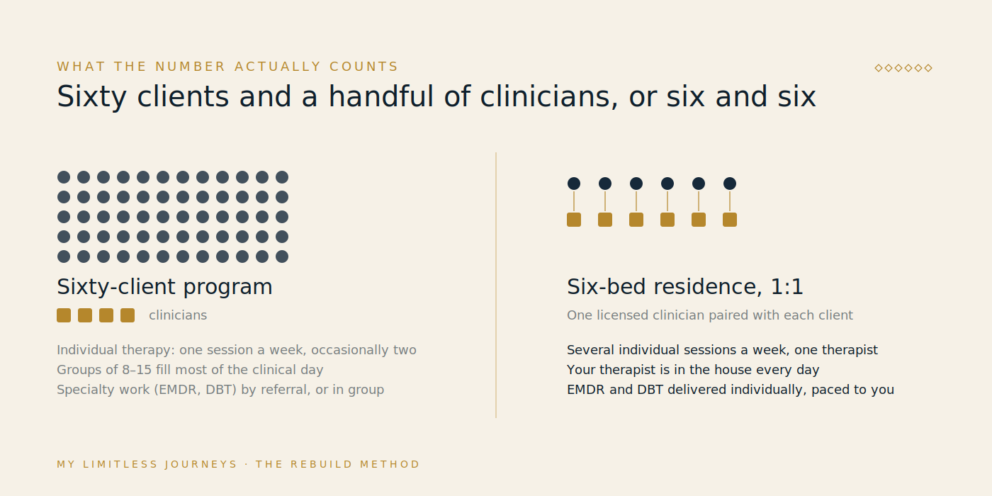 Proportion diagram comparing a six-client, six-clinician residence with a sixty-client program staffed by a handful of clinicians, showing individual session hours per client per week in each model
