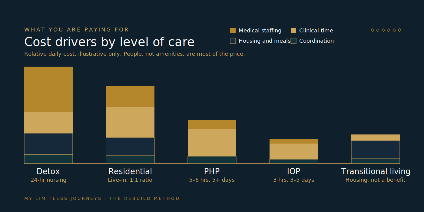 Stacked bar comparison of what drives cost across five levels of addiction care, from medically supervised detox through residential, PHP, IOP, and transitional living, with medical staffing shown as the largest component