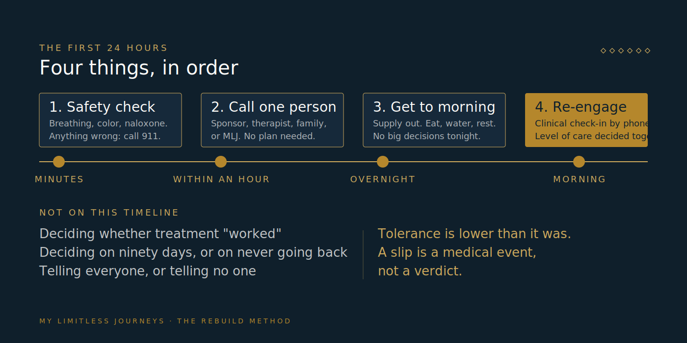 Timeline of the first twenty-four hours after a relapse divided into four phases: the safety check in the first minutes, one phone call within the hour, getting through the night, and re-engaging with care the next morning