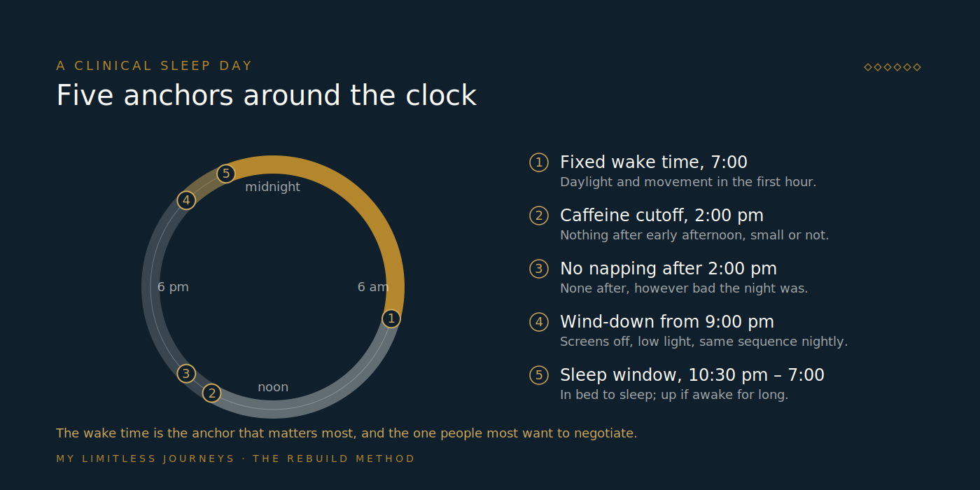 Twenty-four-hour clock diagram of a clinical sleep day in residential treatment, marking a fixed wake time with morning daylight and movement, caffeine cutoff in early afternoon, no napping after early afternoon, wind-down with screens off in the evening, and a consistent sleep window at night