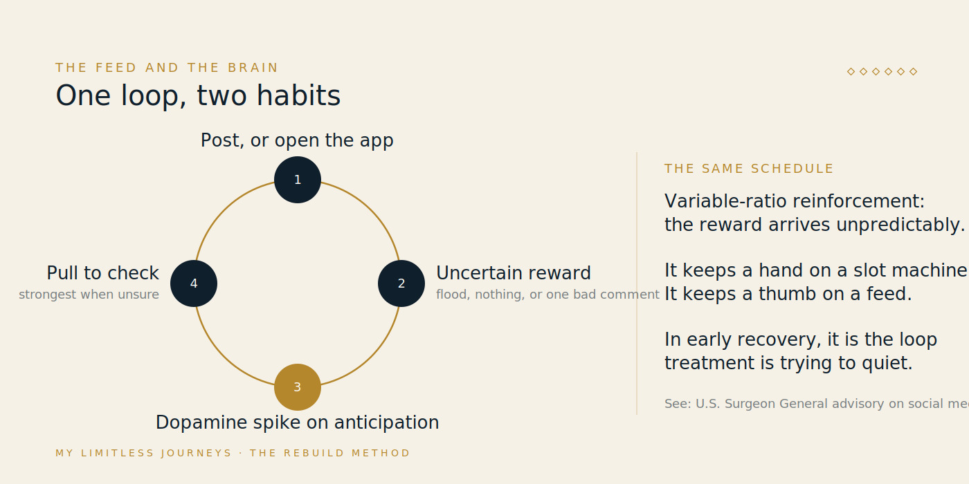 Circular diagram of the variable-reward loop that drives compulsive feed use: post, wait, uncertain reward of likes and comments, dopamine response, and the pull to check again, with a note that the same loop is active in substance craving