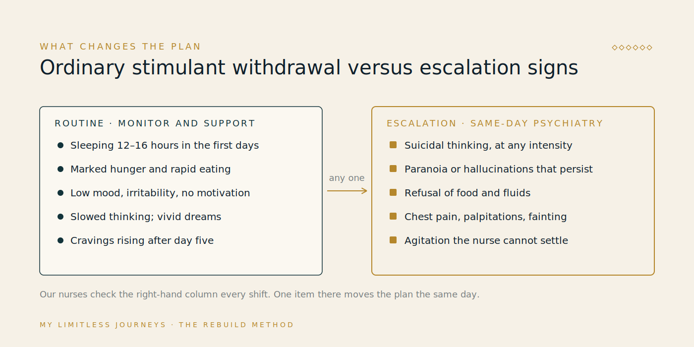 Decision diagram showing routine stimulant withdrawal signs on the left, such as long sleep and low mood, and the escalation signs on the right that trigger same-day psychiatric evaluation, including suicidal thinking, persistent paranoia, refusal of food and fluids, and chest pain
