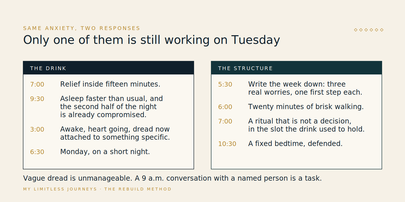 Comparison of two Sunday evenings side by side: the drinking version showing rapid relief, degraded second-half sleep and a Monday deficit, against a structured version listing a closed-loop Monday plan written before six, a scheduled non-alcohol wind-down, twenty minutes of physical activity, a fixed bedtime and an honest note on what the anxiety was actually about