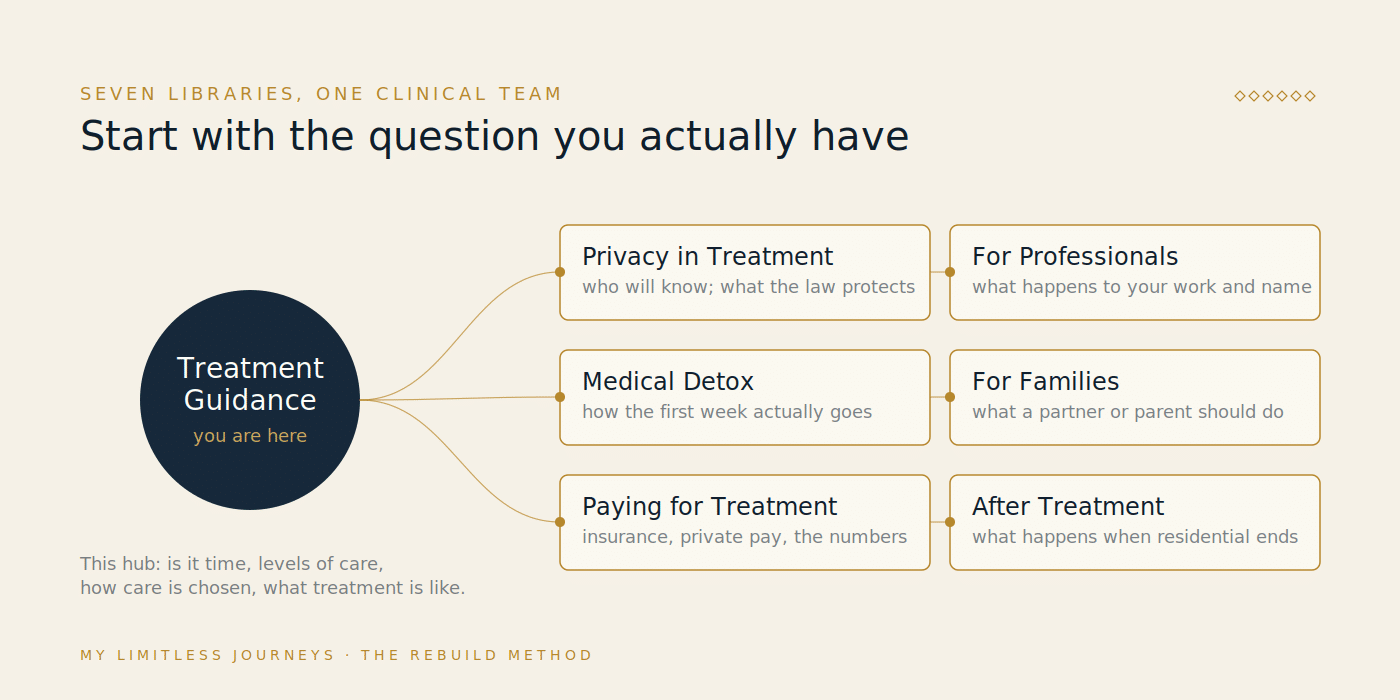 Map of the My Limitless Journeys education library showing the Treatment Guidance hub at the center connected to six pillar hubs: Privacy in Treatment, For Professionals, Medical Detox, For Families, Paying for Treatment, and After Treatment