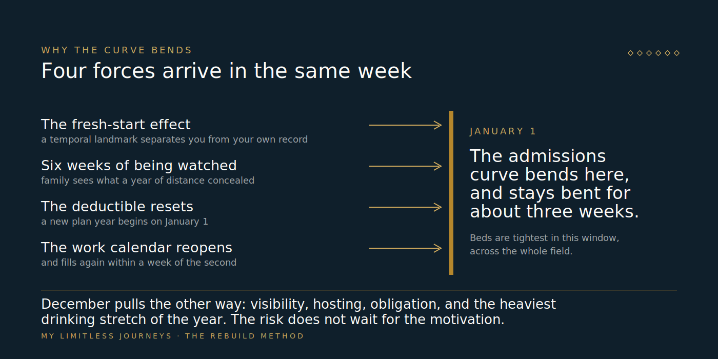 Diagram of four forces converging on the first week of January that drive treatment admissions: the fresh-start effect of a temporal landmark, six weeks of family observation, the annual deductible reset, and a work calendar that reopens, set against the December counter-pressures of visibility, hosting duties and obligation