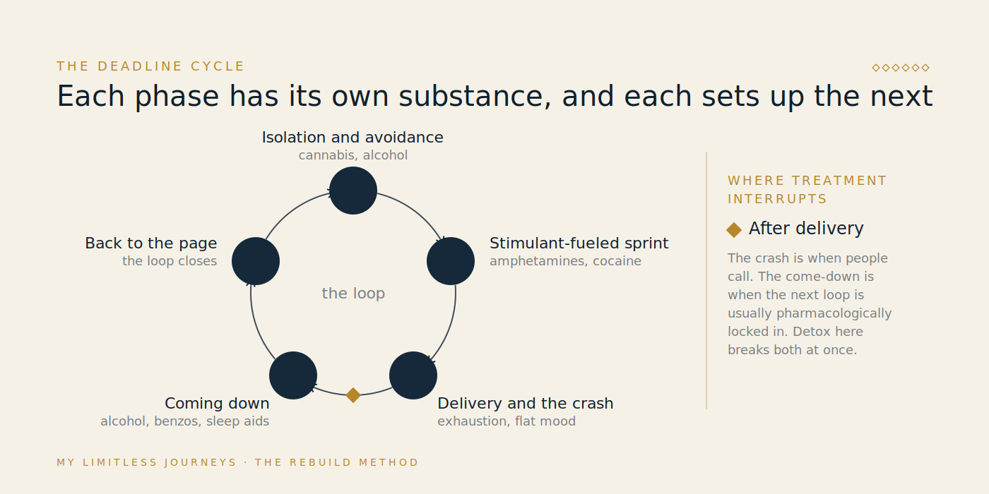 Loop diagram of the deadline cycle in creative work: isolation and avoidance, a stimulant-fueled sprint, delivery and the crash, alcohol or sedatives to come down, and the return to isolation, with the point where treatment interrupts the loop marked in gold